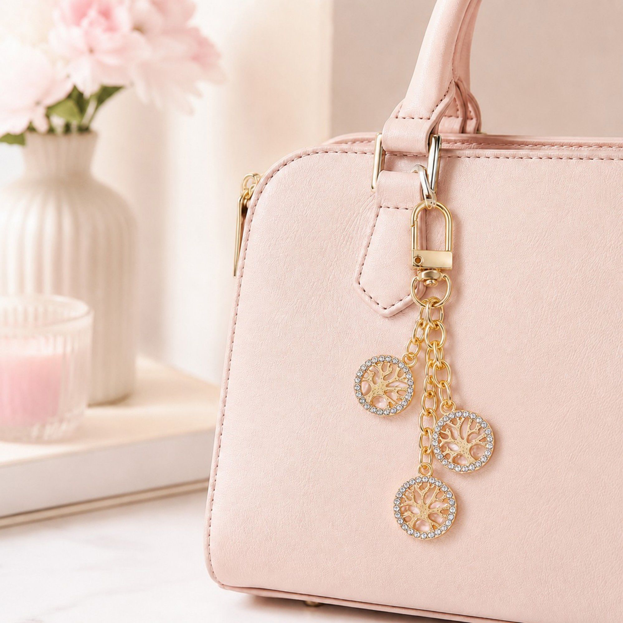 3pc Tree Medallion Keychain Bag Charm with Rhinestone Trim Gold Tone Chain and Clip
