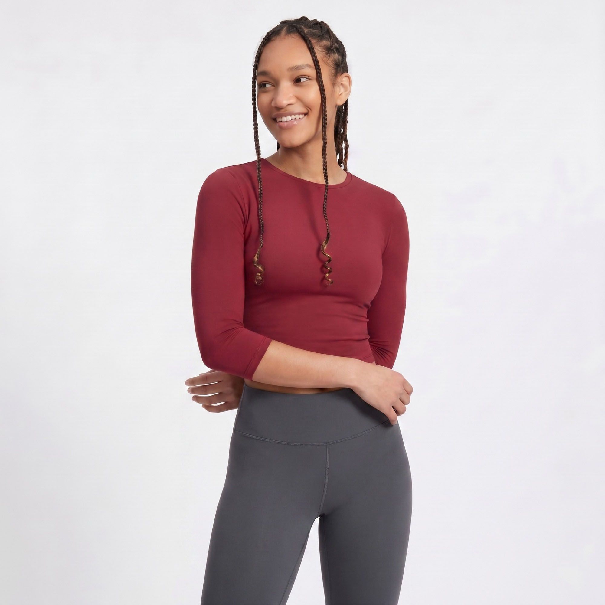 Elbow Sleeve Workout Top Crew Neck Fitted Crop Yoga Activewear Shirt