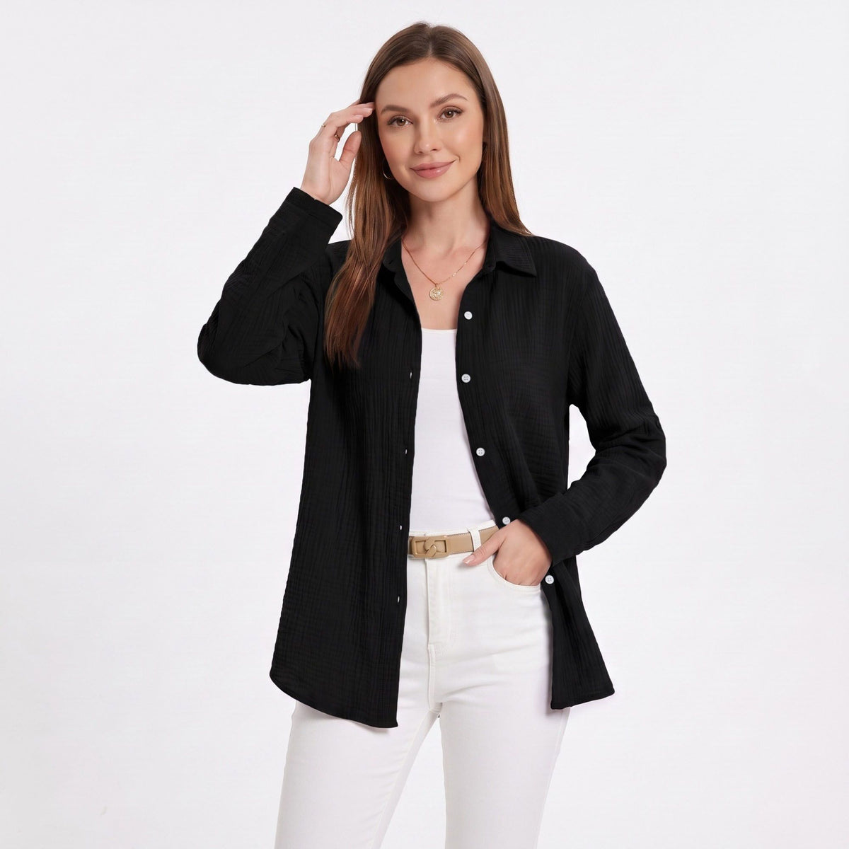Long Sleeve Button Down Shirt with Collared Neckline