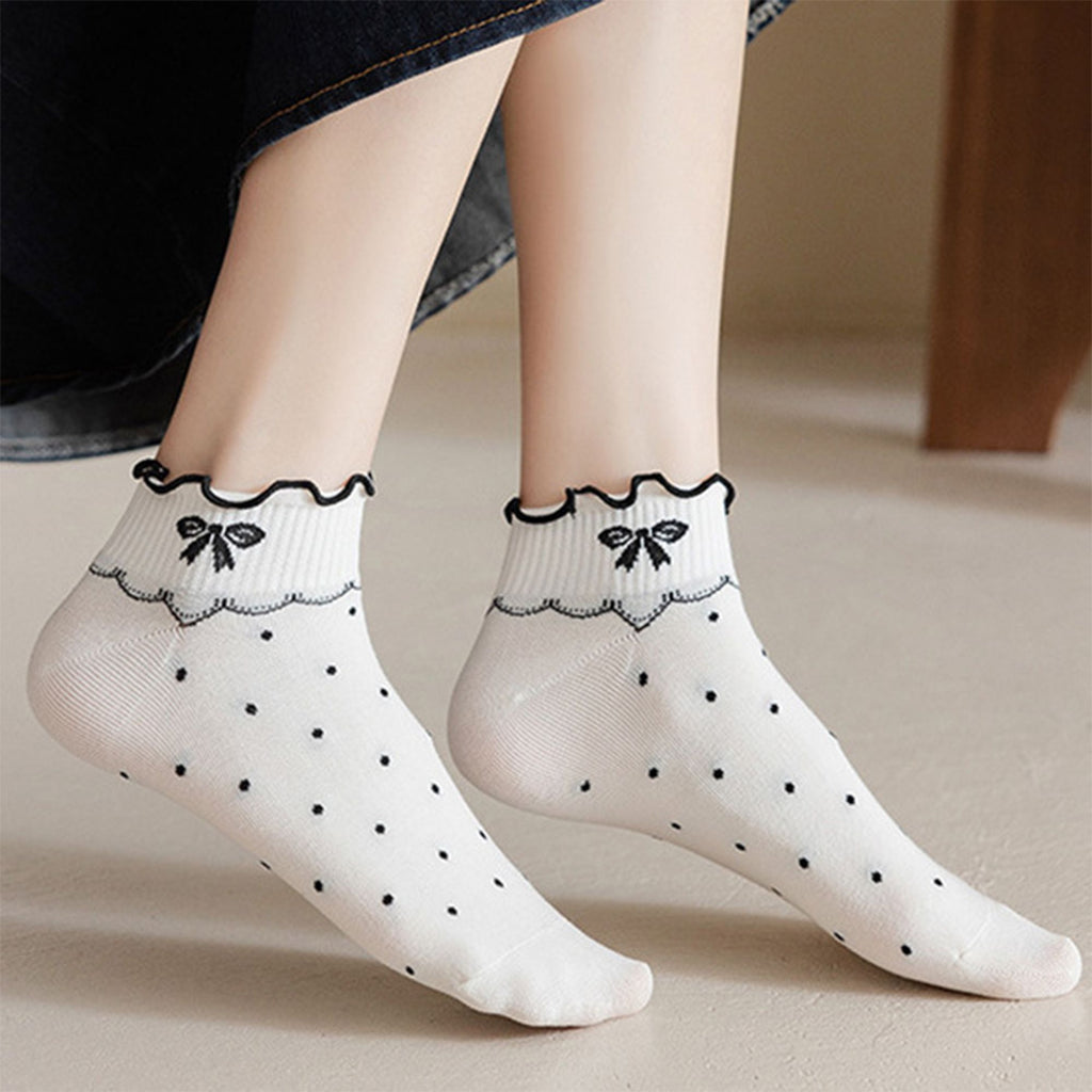 Anna-Kaci 4 Pairs Ankle Socks with Ruffle Trim Cuff Featuring Cherry, Grid, Stripe, and Polka Dot Designs