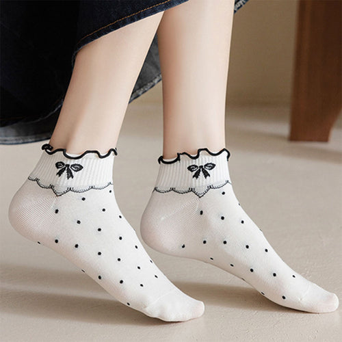 Anna-Kaci 4 Pairs Ankle Socks with Ruffle Trim Cuff Featuring Cherry, Grid, Stripe, and Polka Dot Designs