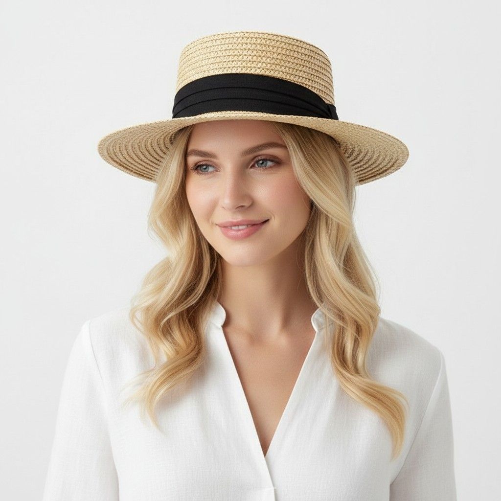 Straw Boater Hat Flat Top Wide Brim Summer Beach Sun Hat Lightweight