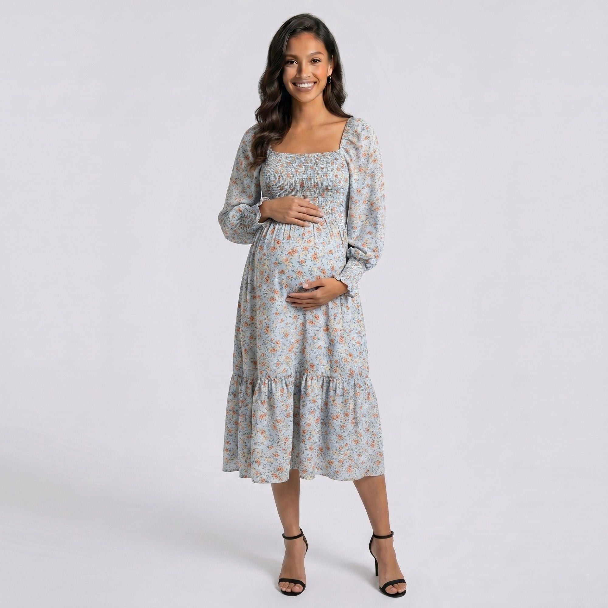 Anna-Kaci Women's Maternity Floral Square Neck Midi Dress with Long Sleeves and Smocked Bodice