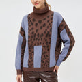 Animal Print Color Block Turtleneck Sweater