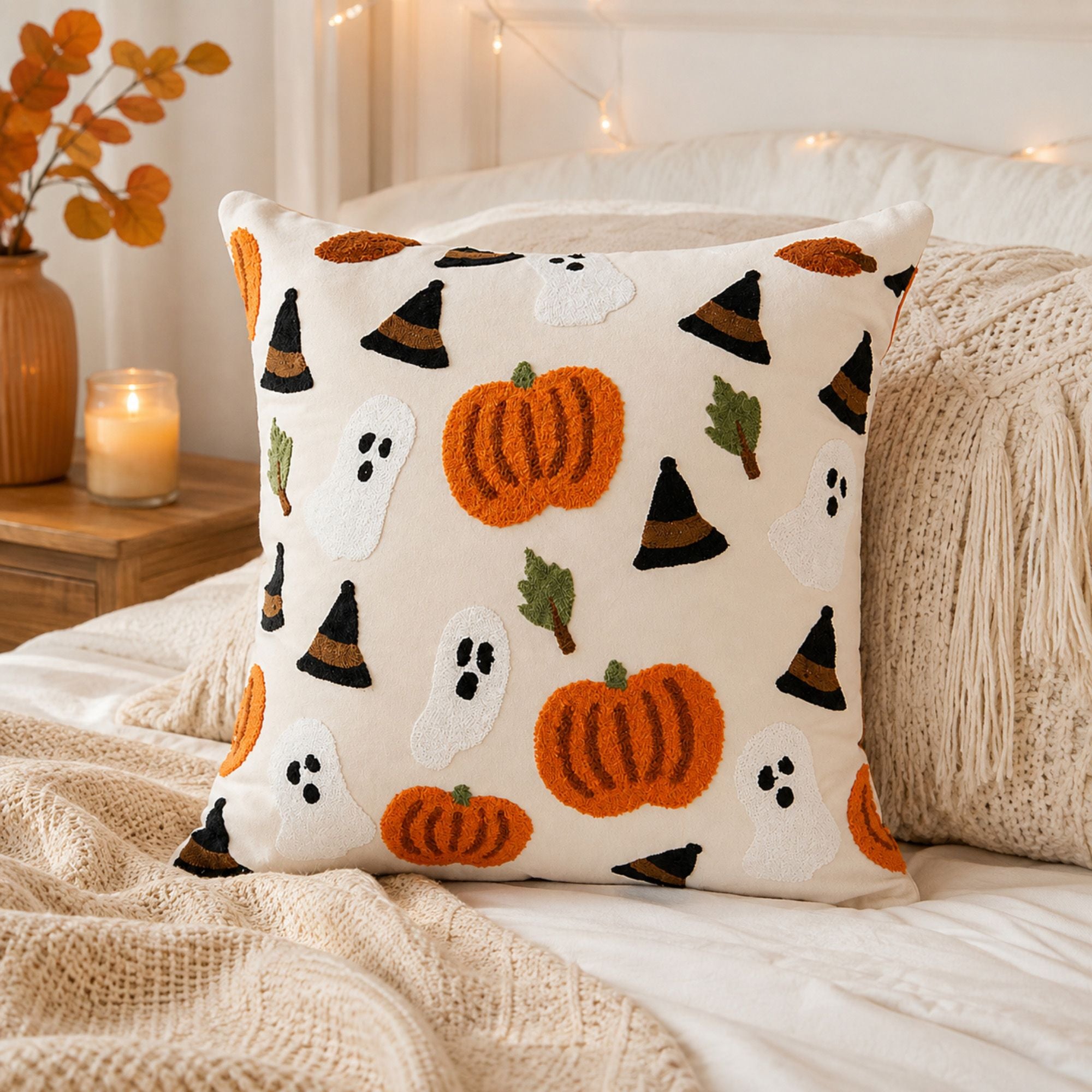 Halloween Pumpkin Embroidered Decorative Throw Pillow Cover 17.7x17.7in