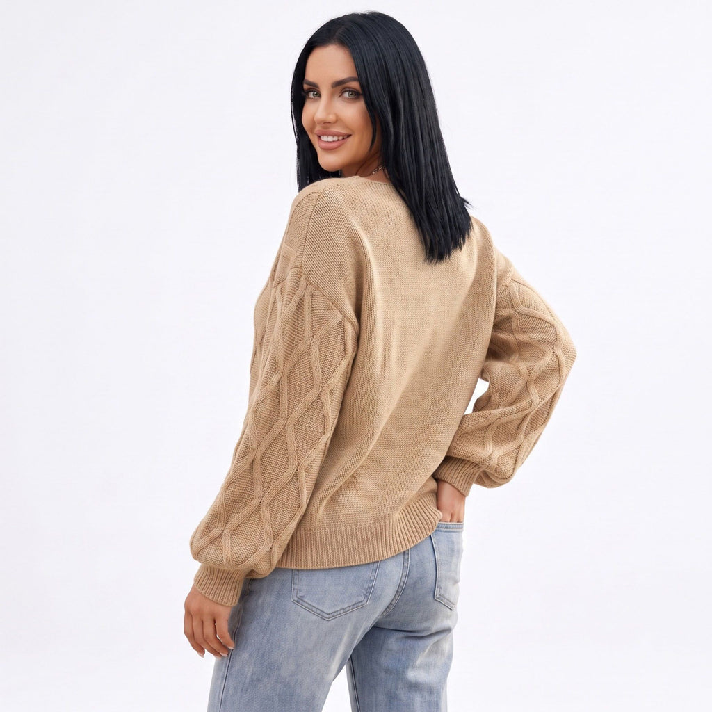 Cable Knit V-Neck Balloon Sleeve Sweater