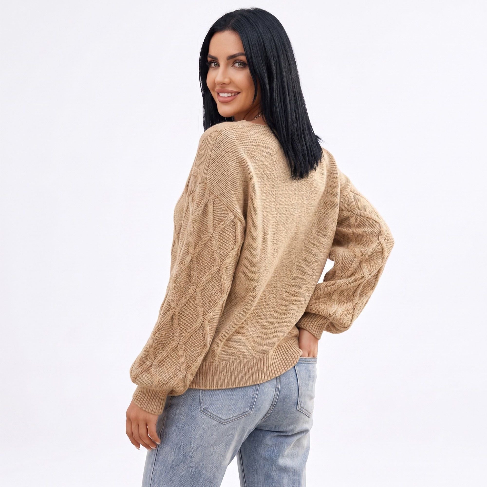 Cable Knit V-Neck Balloon Sleeve Sweater