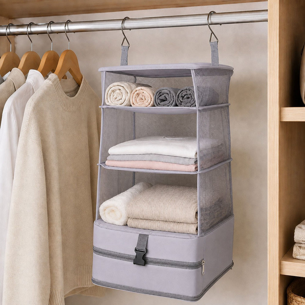 3 Shelf Hanging Closet Organizer with Zipper Storage Compartment and Hooks