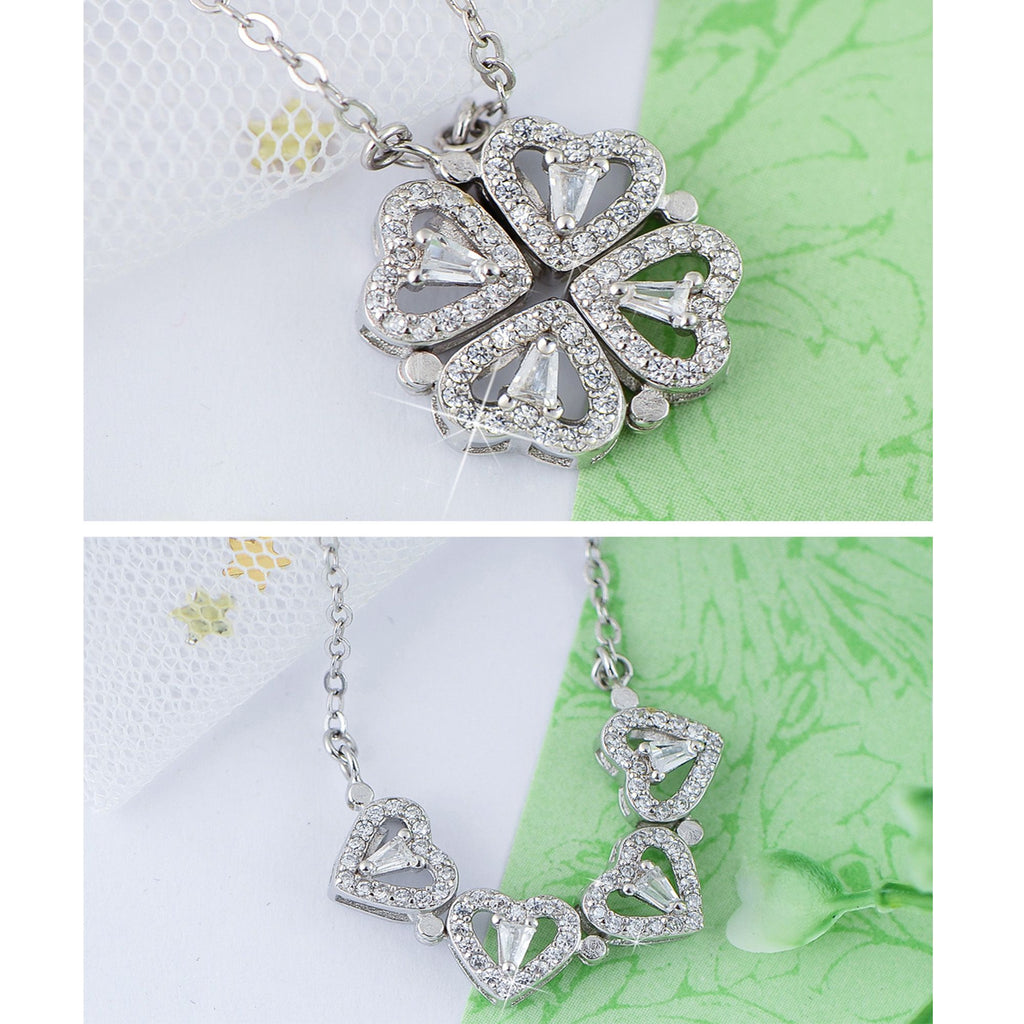 Crystal Heart Four-Leaf Clover Necklace with Matching Heart Chain Design