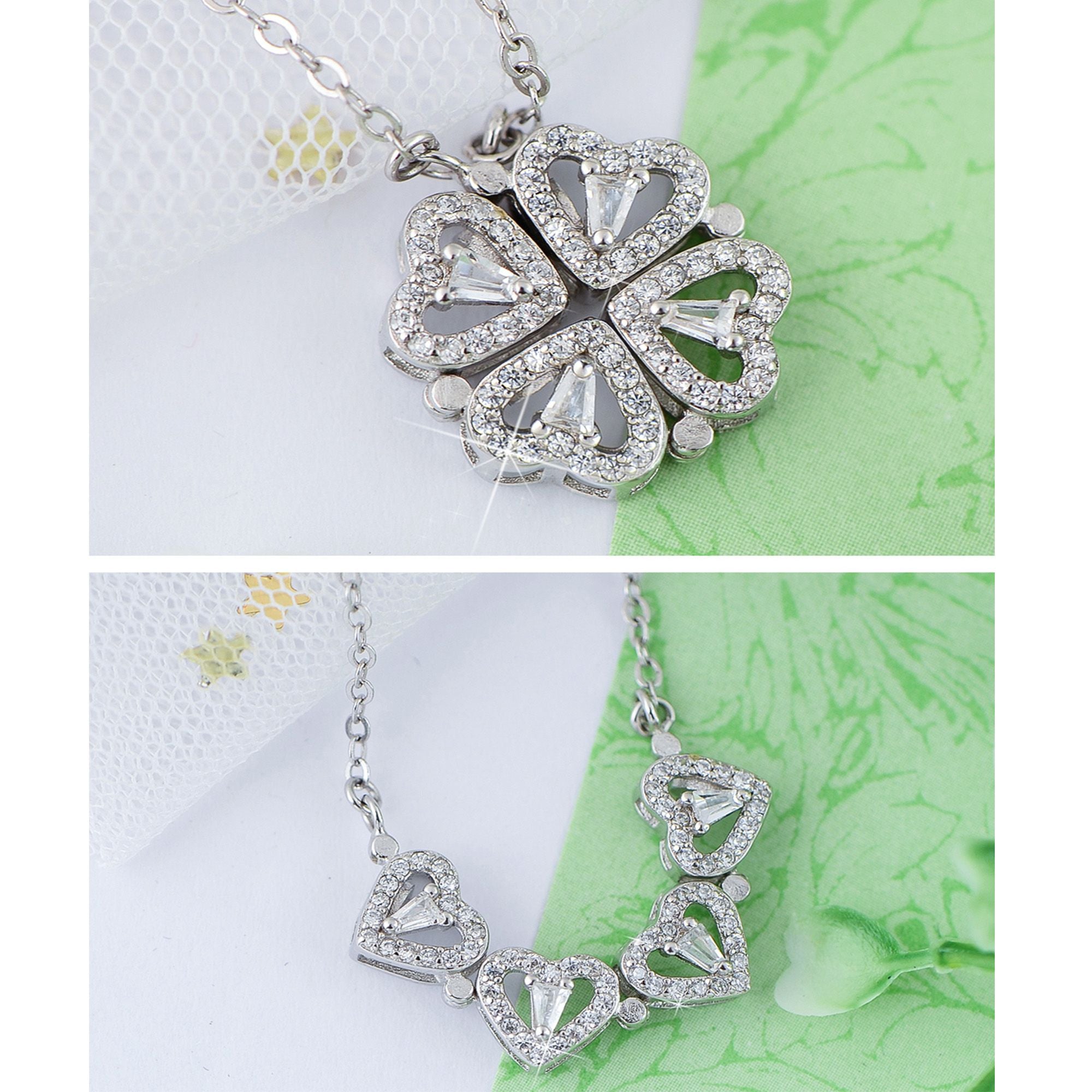 Crystal Heart Four-Leaf Clover Necklace with Matching Heart Chain Design
