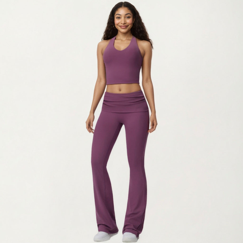 Anna-Kaci Active Women's Foldover Waist Flare Leggings with Smooth Stretch Knit Fabric