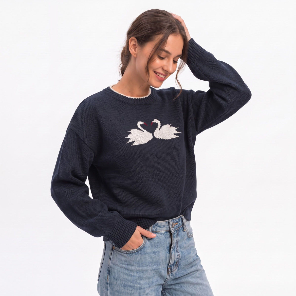 Swan Graphic Crewneck Long Sleeve Pullover Sweater