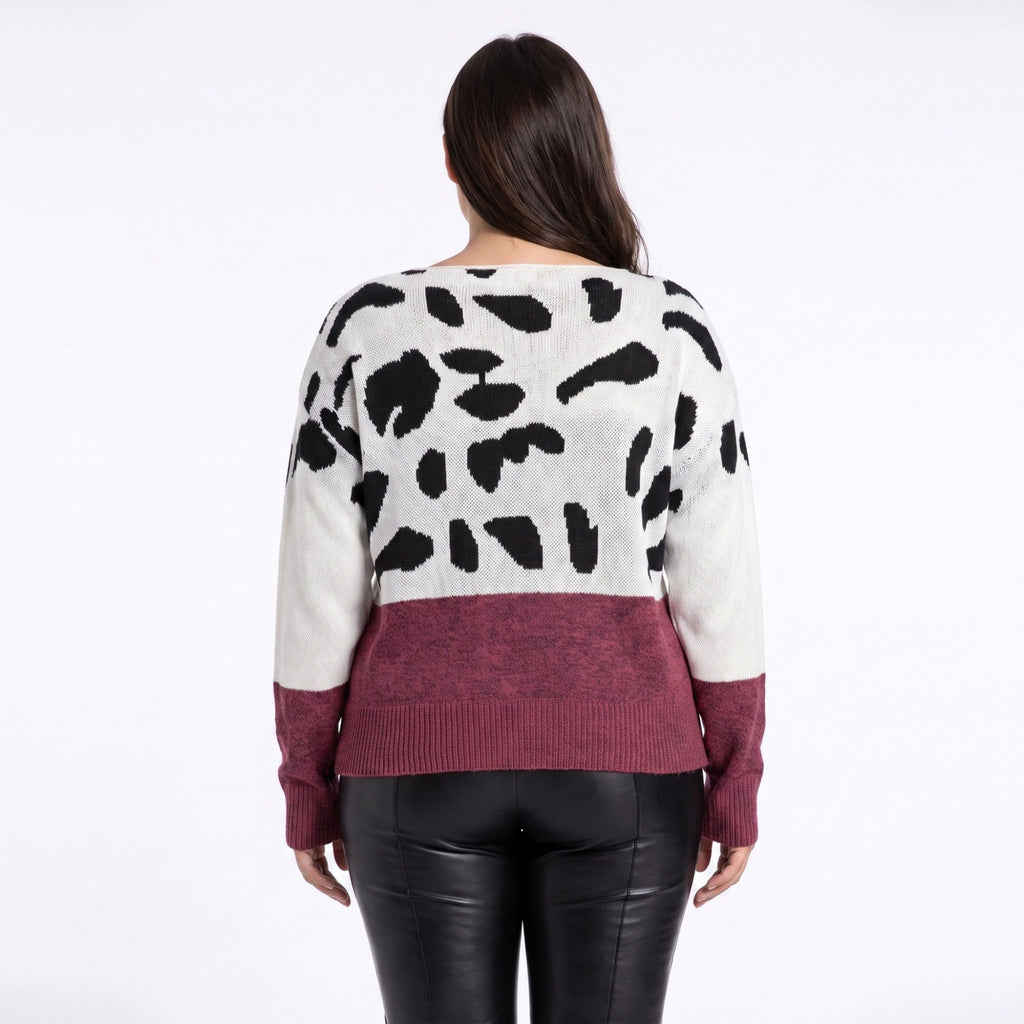 Plus Size Animal Print Colorblock Boat Neck Sweater