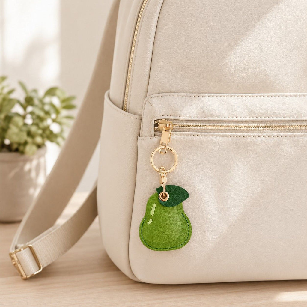 Double-Sided Fruit Bag Charm Keychain with Stitched Detail and Gold-Tone Ring