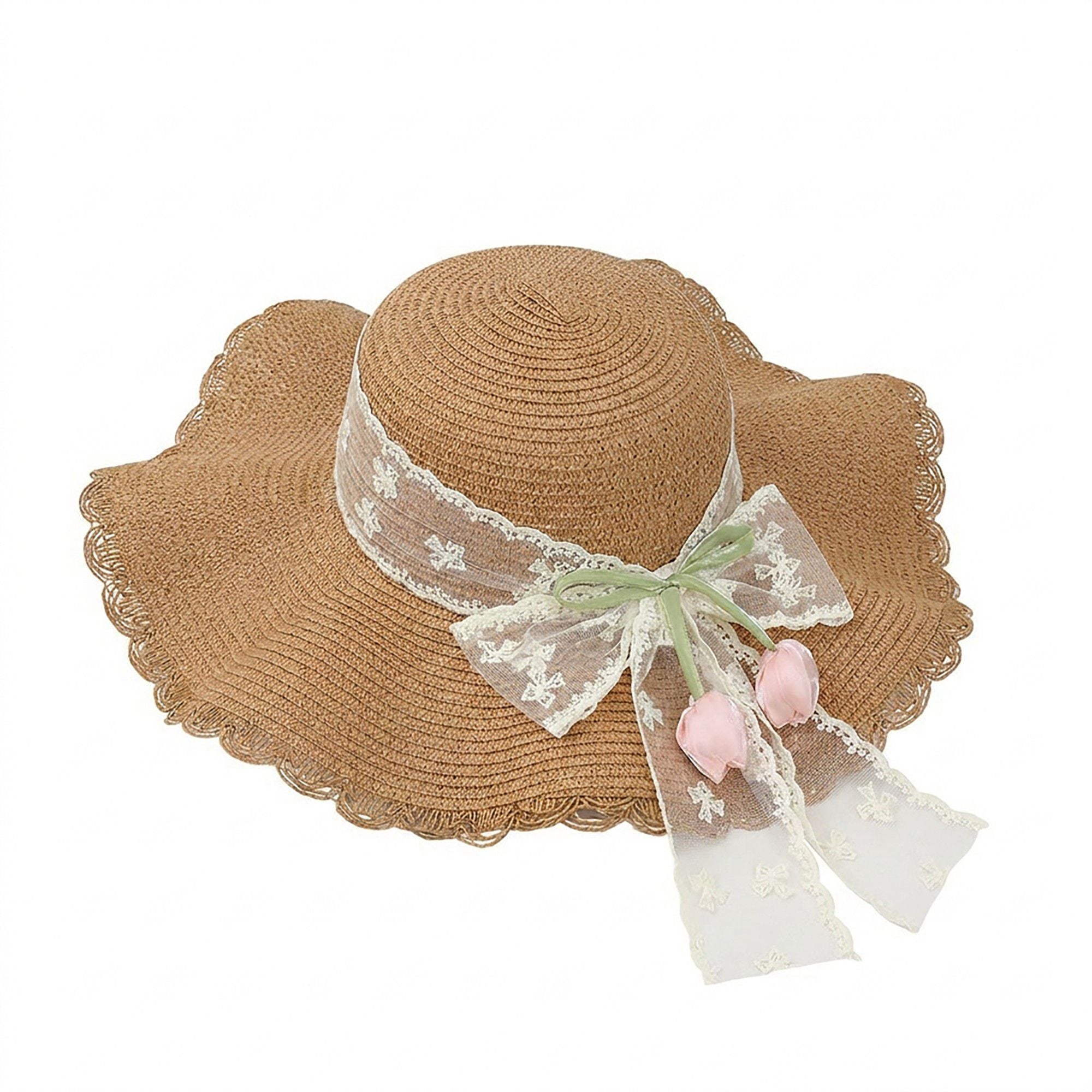 Wide Brim Straw Sun Hat with Scalloped Edge Lace Bow and Floral Accent