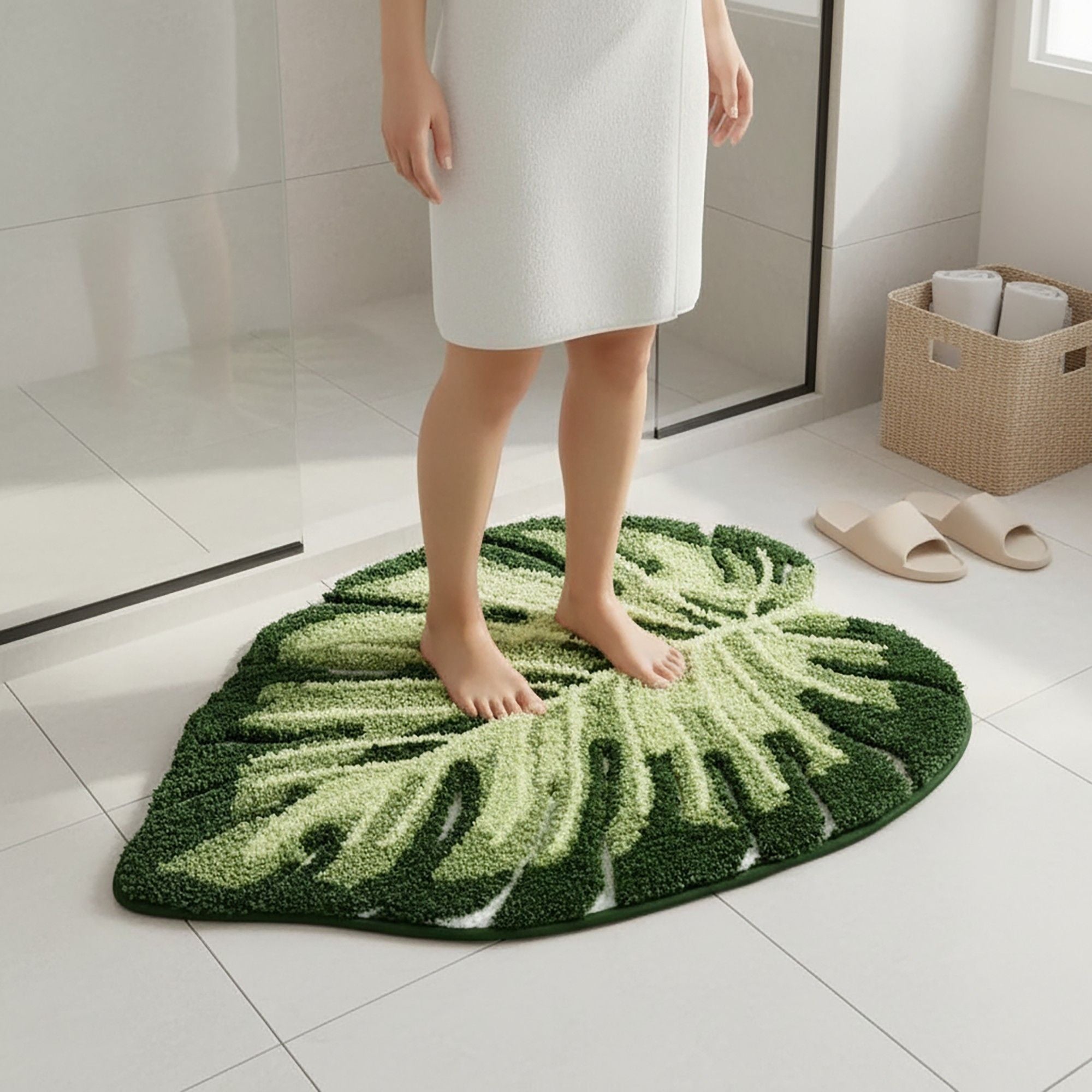 Tufted Floor Mat with Tropical Leaf Pattern Non Slip Backing Soft Plush Decorative Indoor Entryway Bathroom Rug