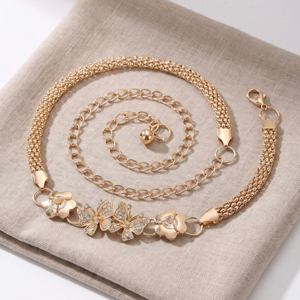Rhinestone Butterfly Floral Mesh Metal Waist Chain Adjustable Glam Statement Waist Jewelry 43.3in