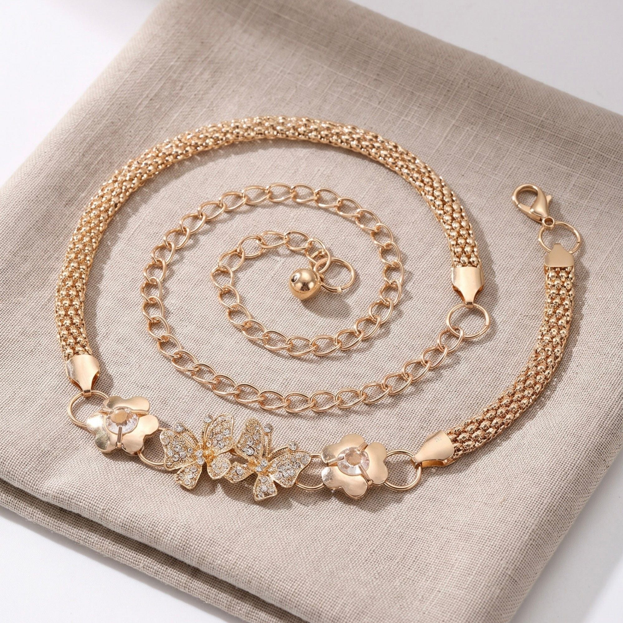 Rhinestone Butterfly Floral Mesh Metal Waist Chain Adjustable Glam Statement Waist Jewelry 43.3in