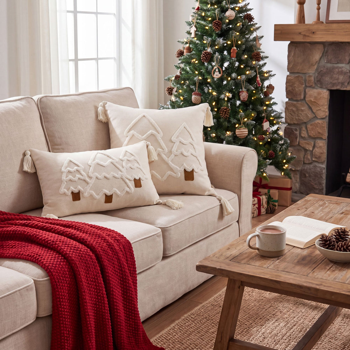 Christmas Tree Tufted Square Throw Pillow Cover with Tassels Holiday Decor