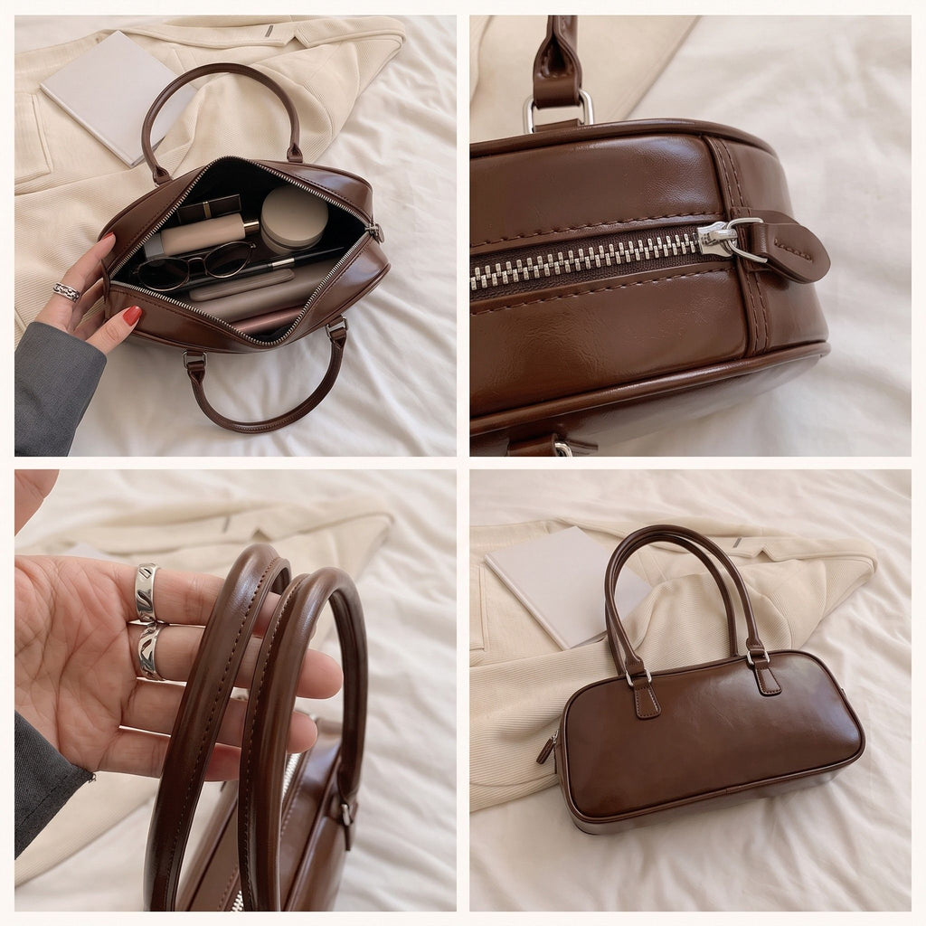 East West Faux Leather Bowler Shoulder Bag with Double Handles and Zip Closure