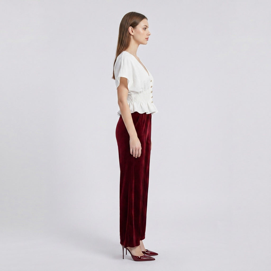 Anna-Kaci Women's V Neck Button Front Peplum Blouse with Smocked Waist Short Flutter Sleeves and Textured Fabric