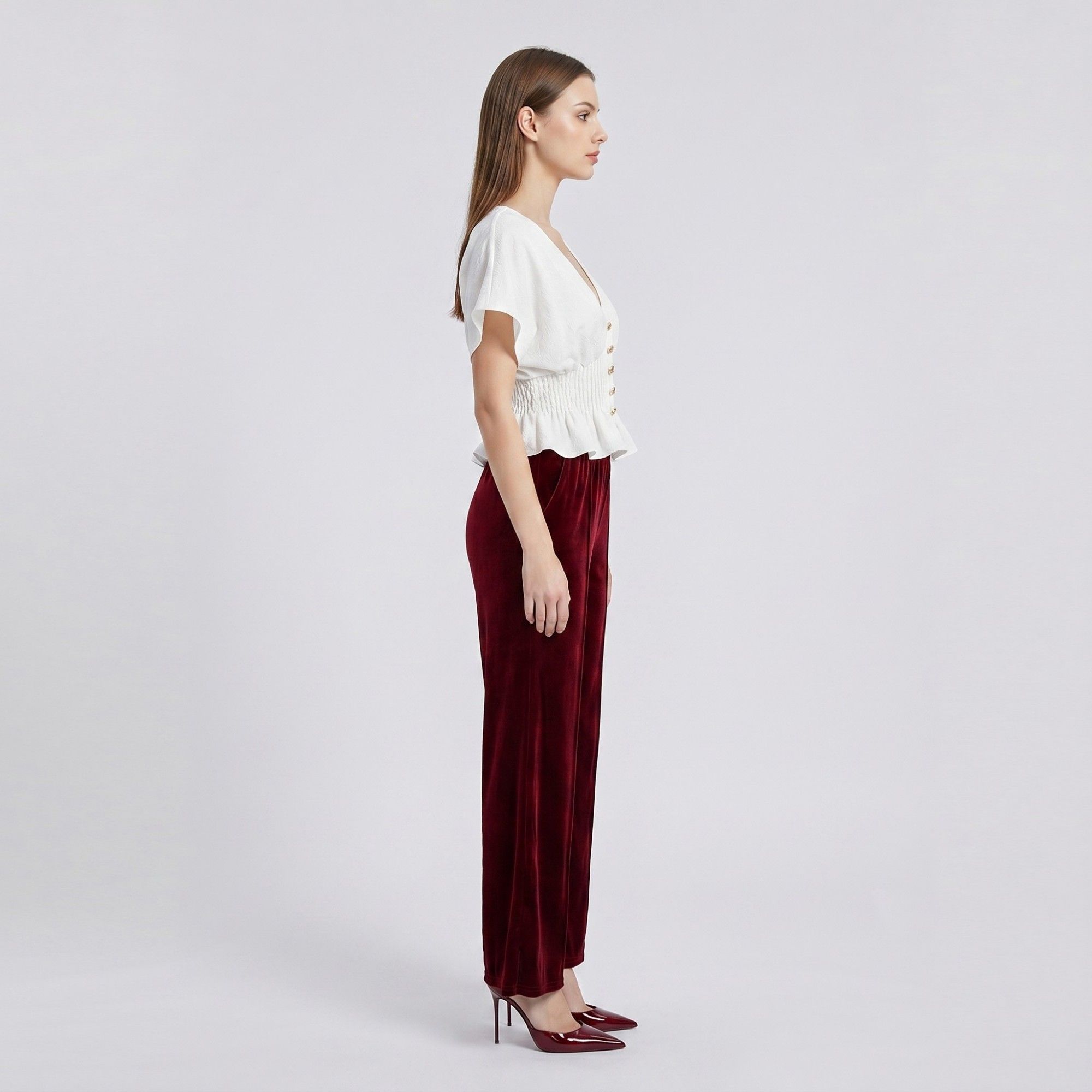 Anna-Kaci Women's V Neck Button Front Peplum Blouse with Smocked Waist Short Flutter Sleeves and Textured Fabric