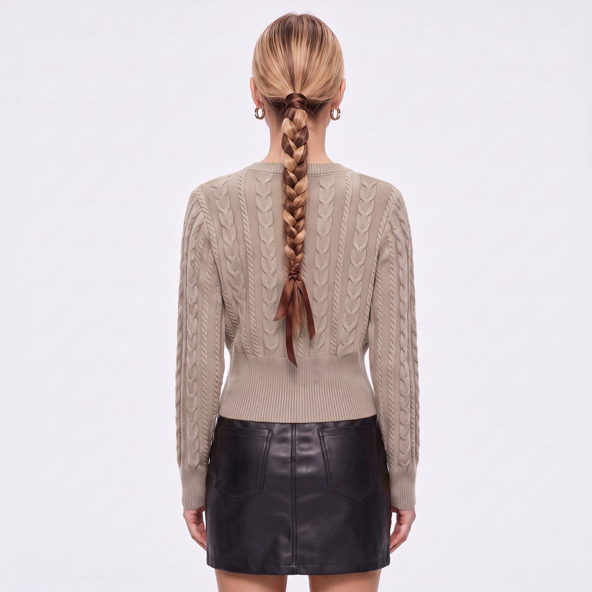 Cable Knit Crewneck Sweater with Front Zipper