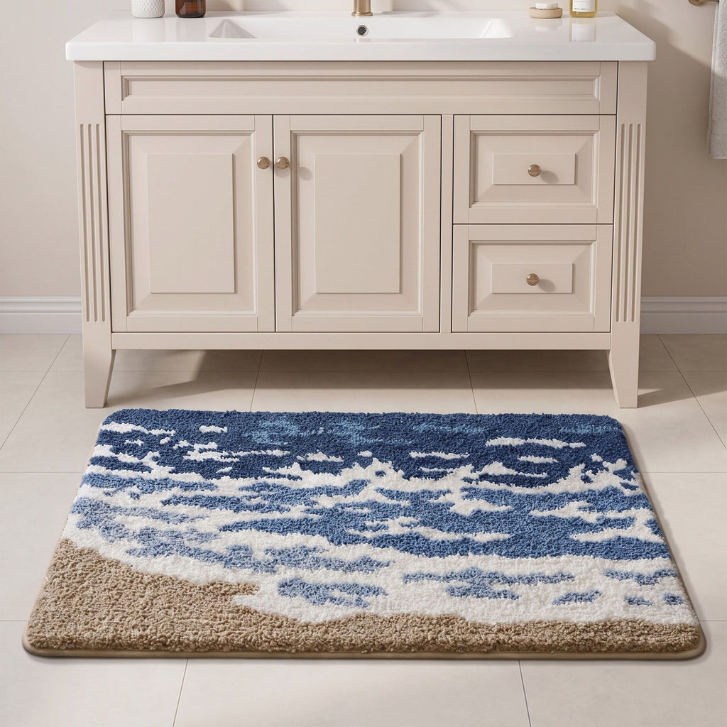 Coastal Beach Scene Plush Bathroom Mat with Umbrella and Ocean Wave Design