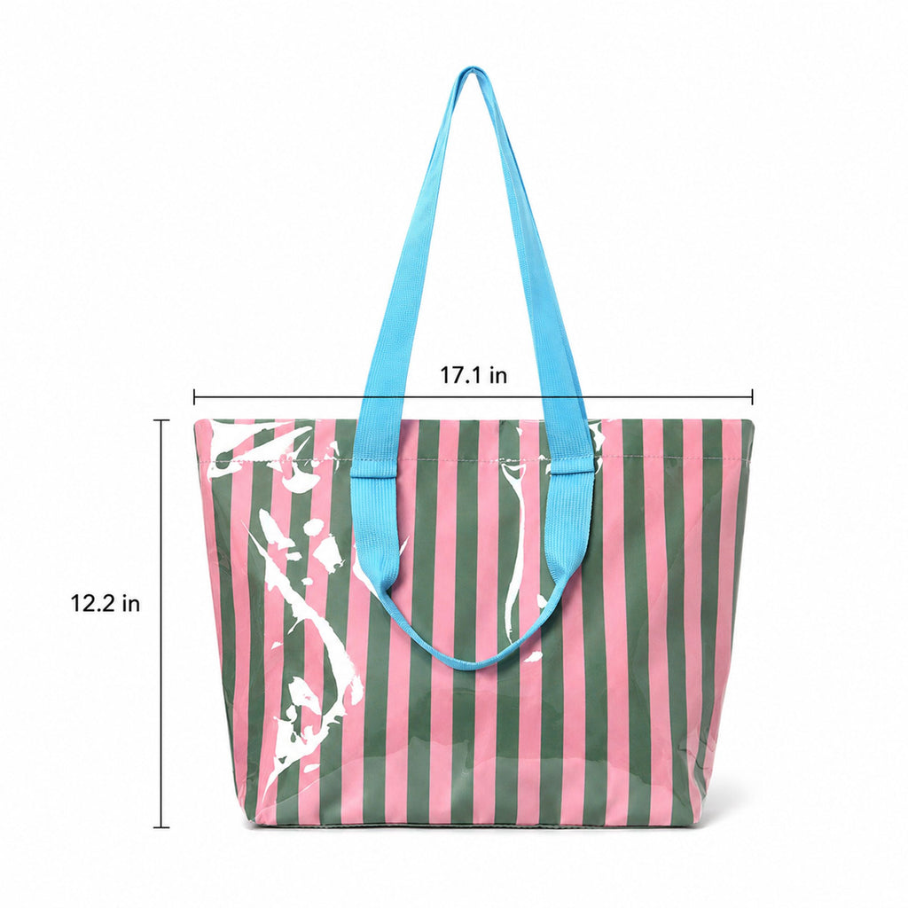 Striped PVC Beach Tote Bag with Magnetic Closure and Zip Pocket
