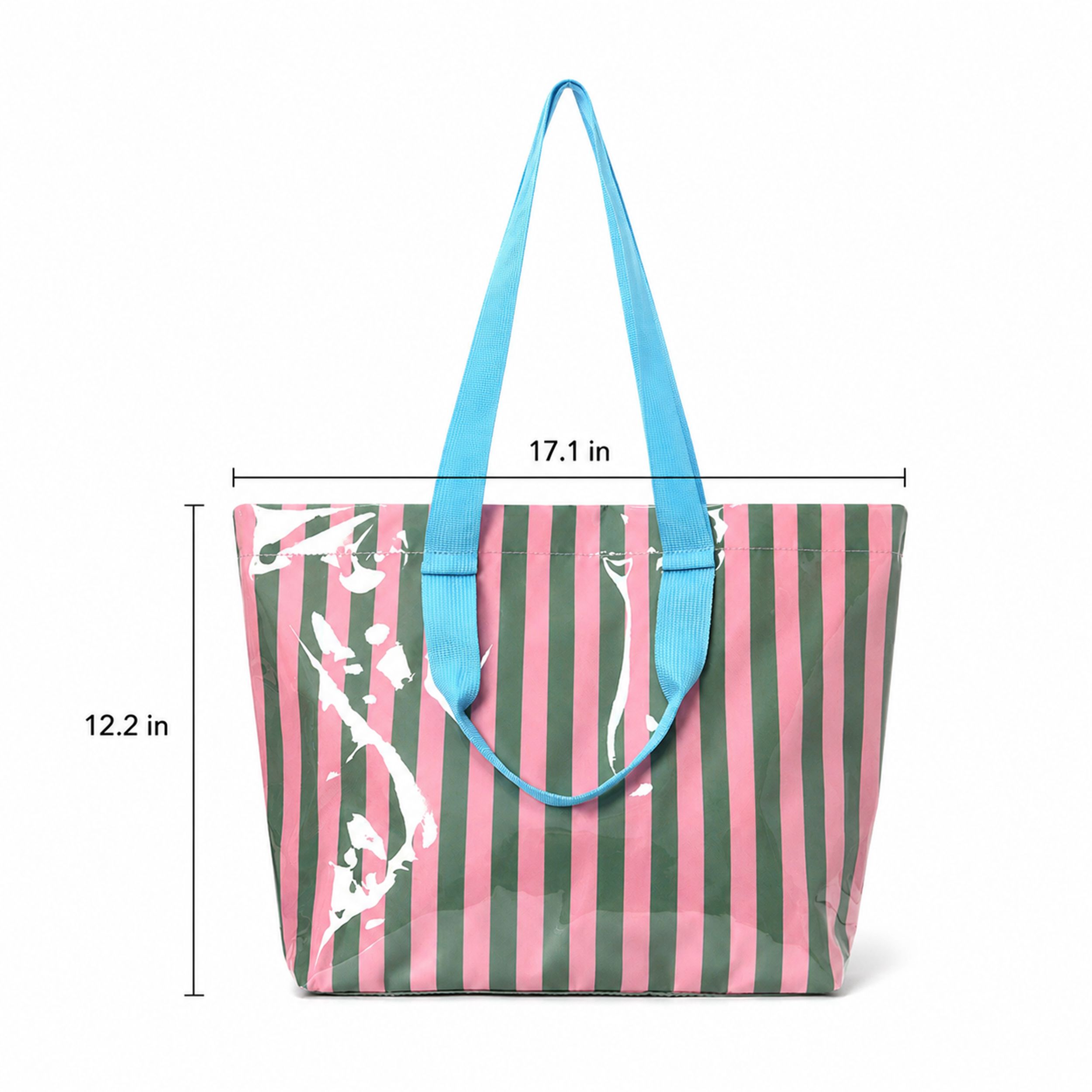 Striped PVC Beach Tote Bag with Magnetic Closure and Zip Pocket