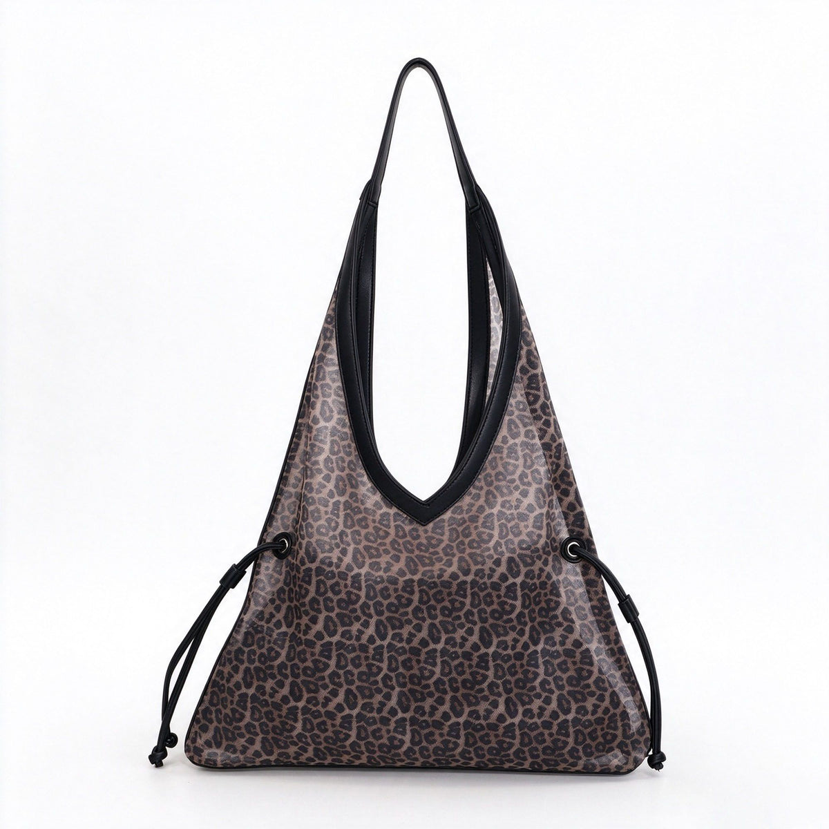 Leopard Print Large Hobo Shoulder Tote Bag with Drawstring Side Detail