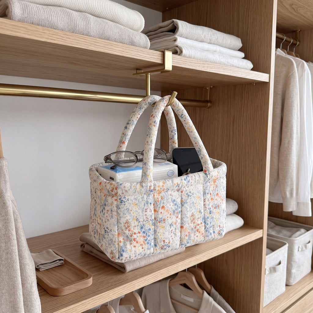 Quilted Floral Storage Basket with Handles for Home Organization