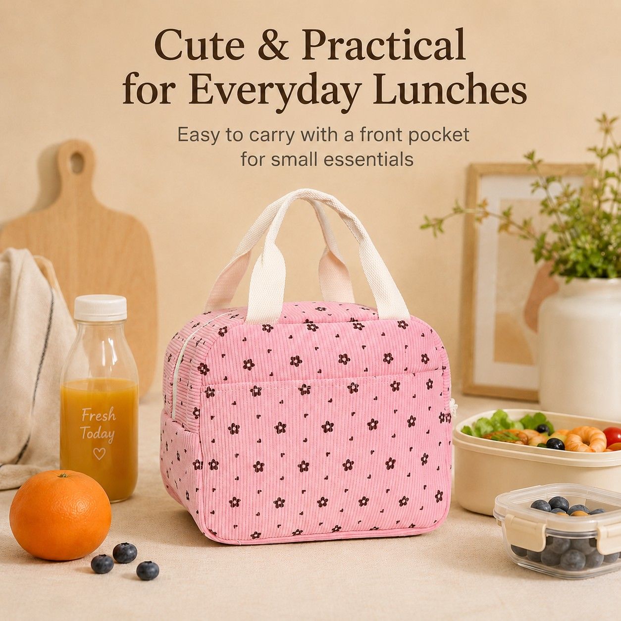Floral Corduroy Insulated Lunch Tote Bag with Front Pocket and Zip Closure