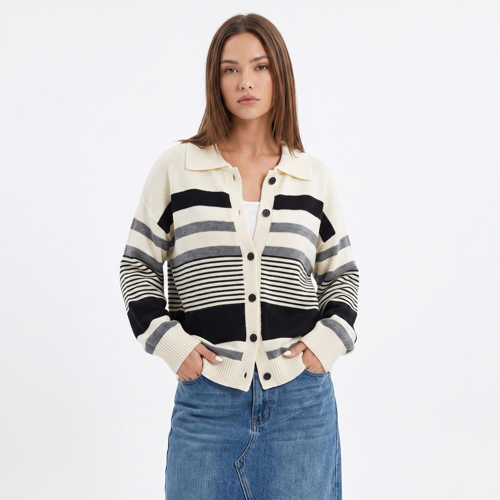 Striped Collared Button Front Knit Cardigan Sweater