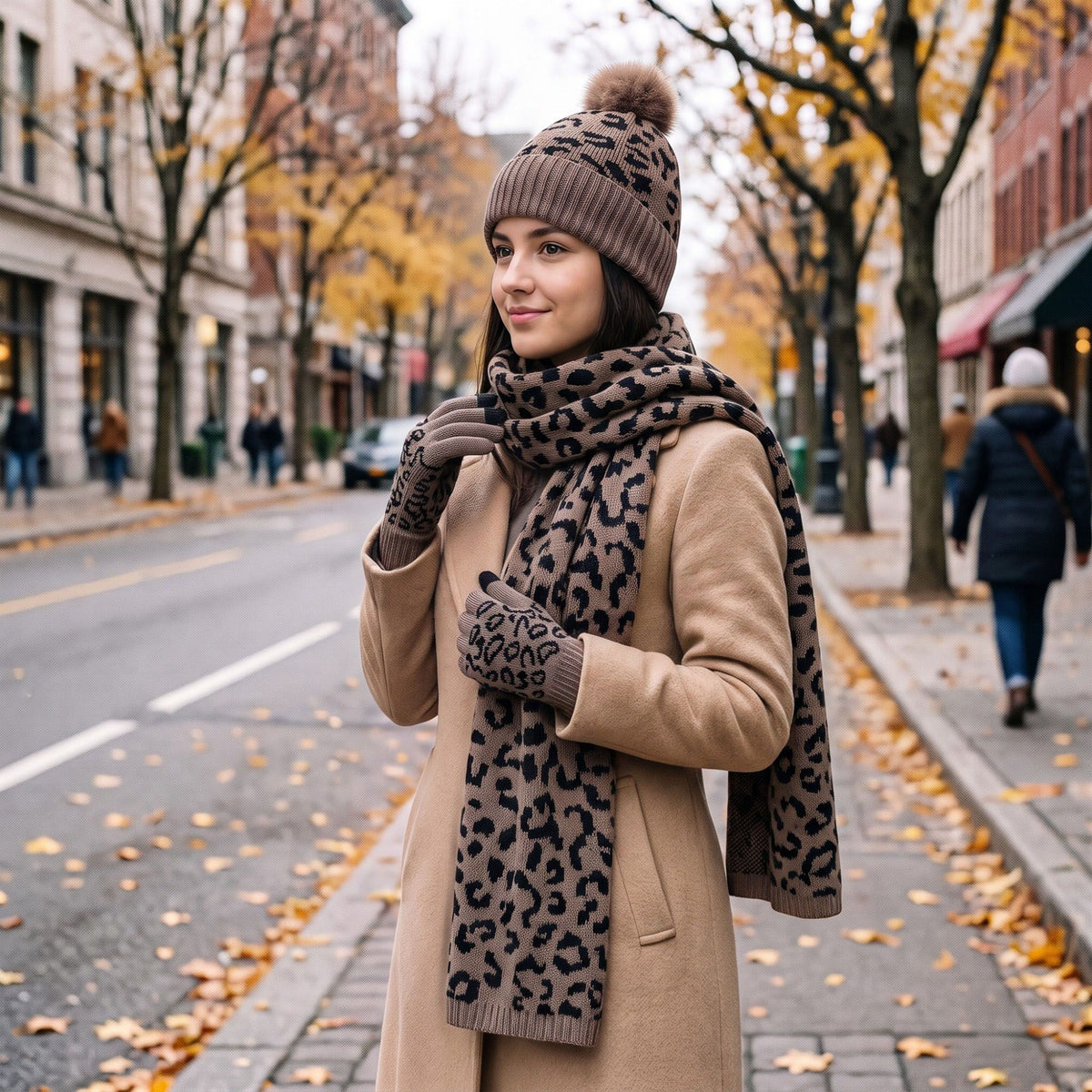 3 Piece Leopard Print Pom Beanie Scarf and Touchscreen Gloves Set