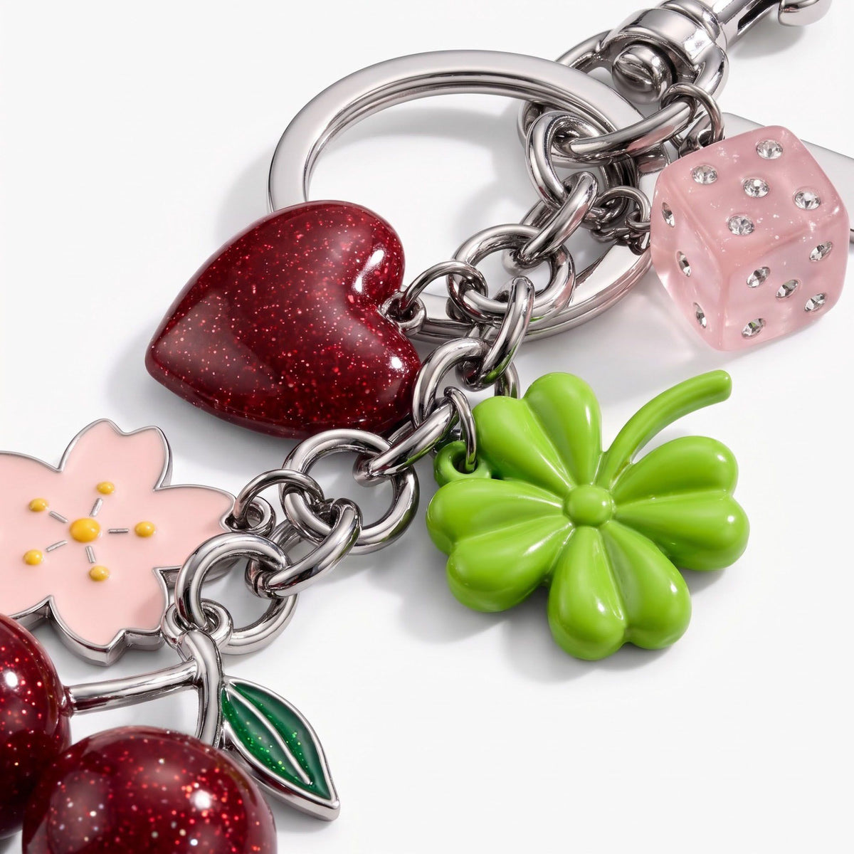 Cherry Clover Flower Bag Charm Keychain with Heart and Dice Pendants
