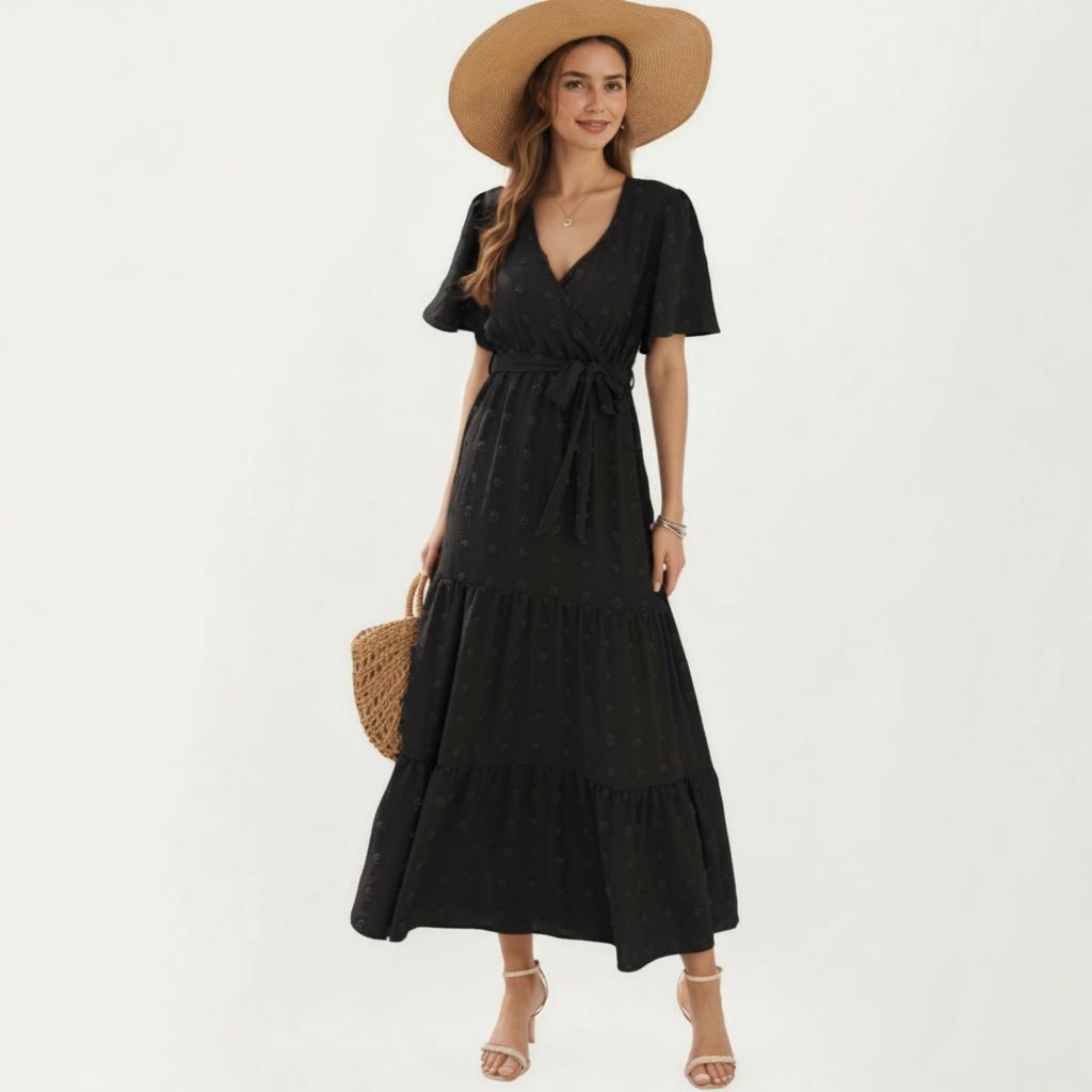 Anna-Kaci Women's Short Sleeve Maxi Dress with Wrap Front Waist Tie and Tiered Skirt