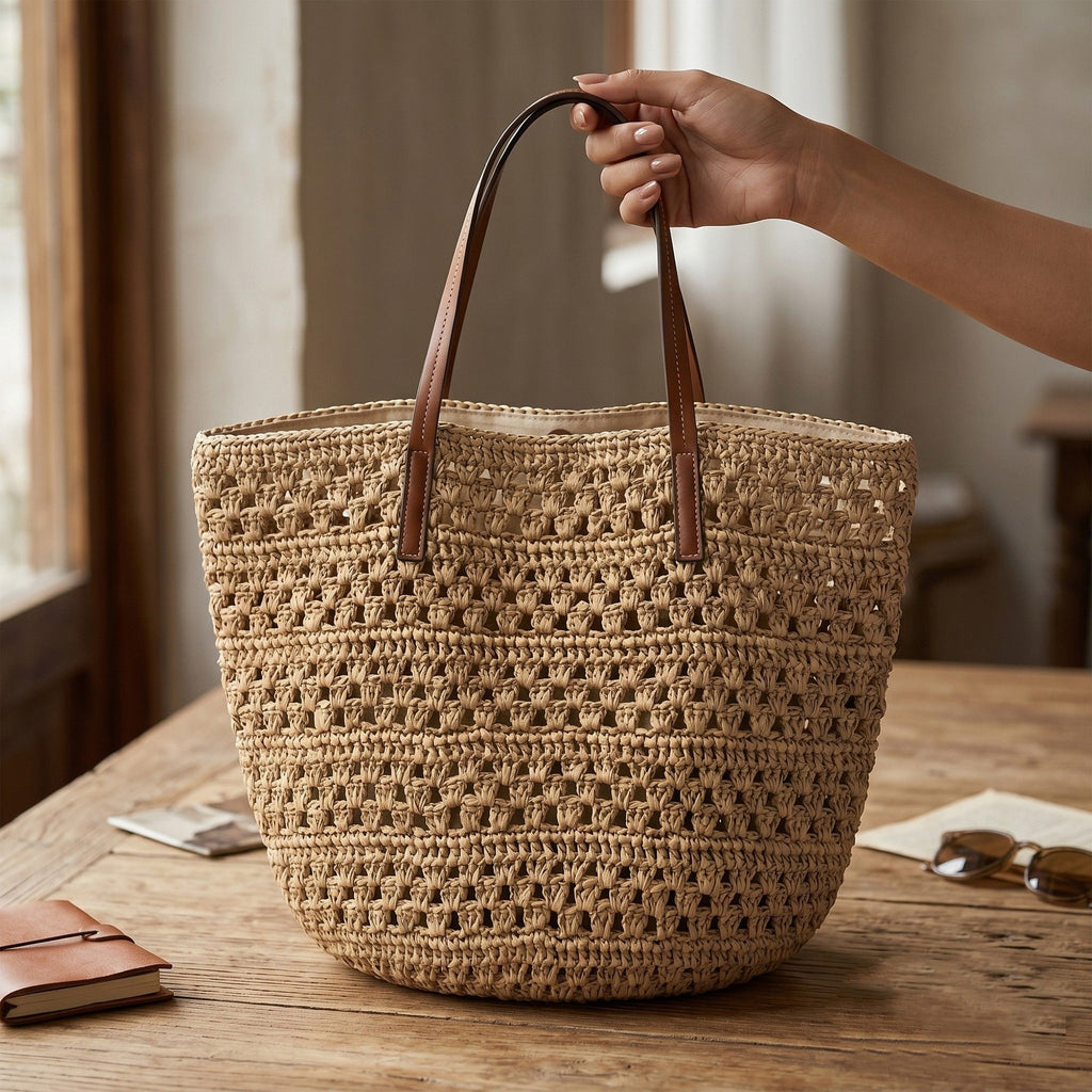 Woven Crochet Tote Bag with Leather Shoulder Straps Large Capacity Knit Handbag Lightweight Open Weave Tote