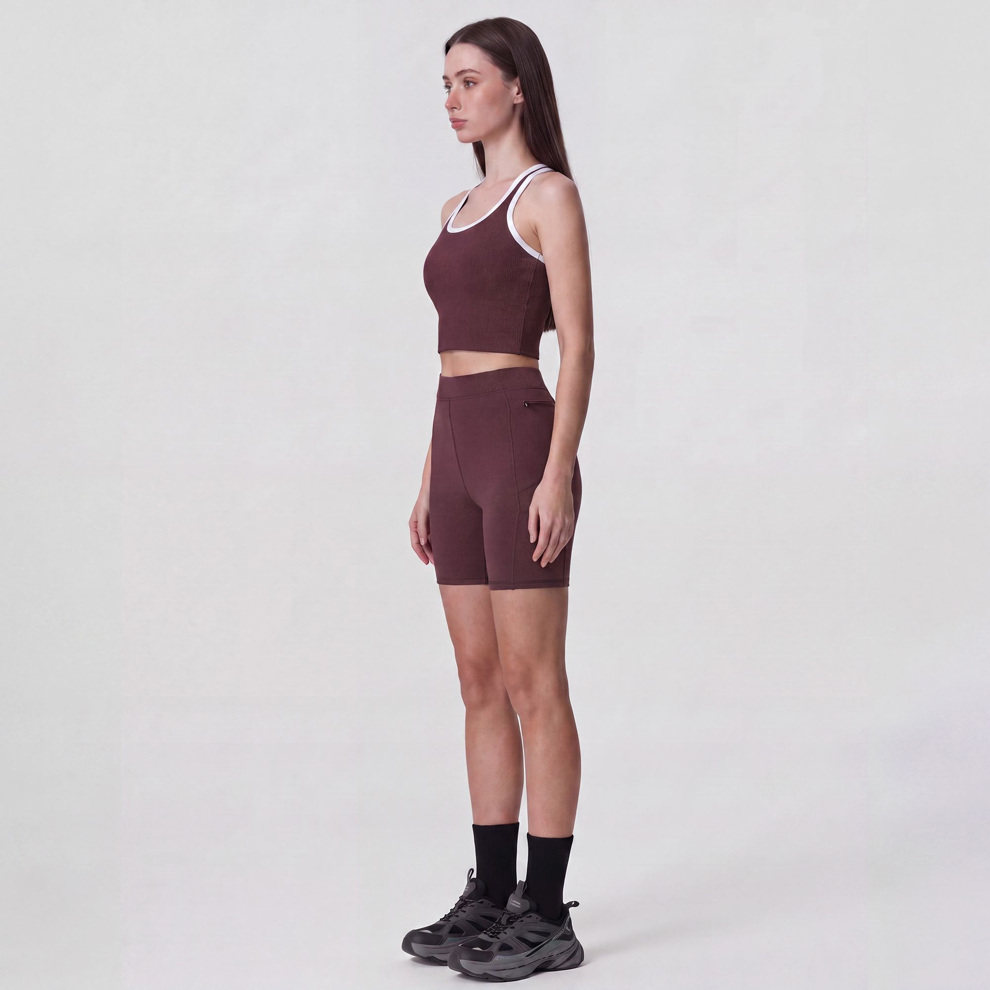 High Waist Ribbed Biker Shorts with Side Pocket and Adjustable Drawcord Detail