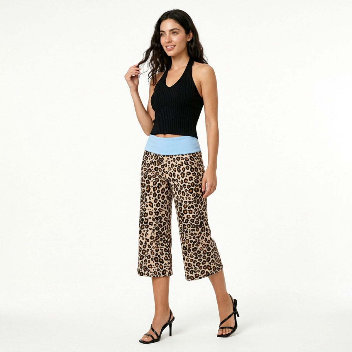 Contrast Foldover Waistband Leopard Print Cropped Trousers