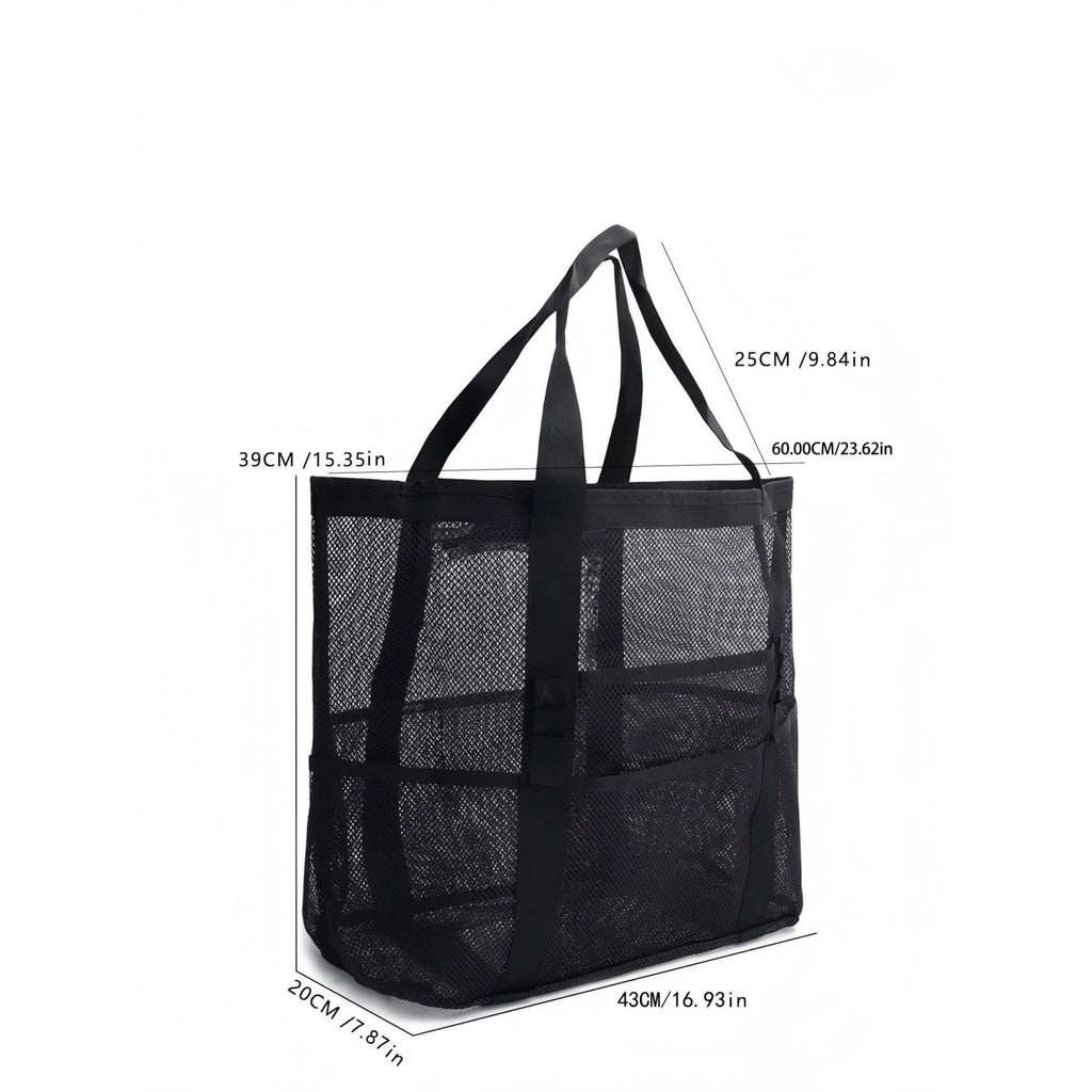 Mesh Beach Tote Bag Large Capacity Travel Shoulder Bag with Exterior Pockets Zipper Top Organizer