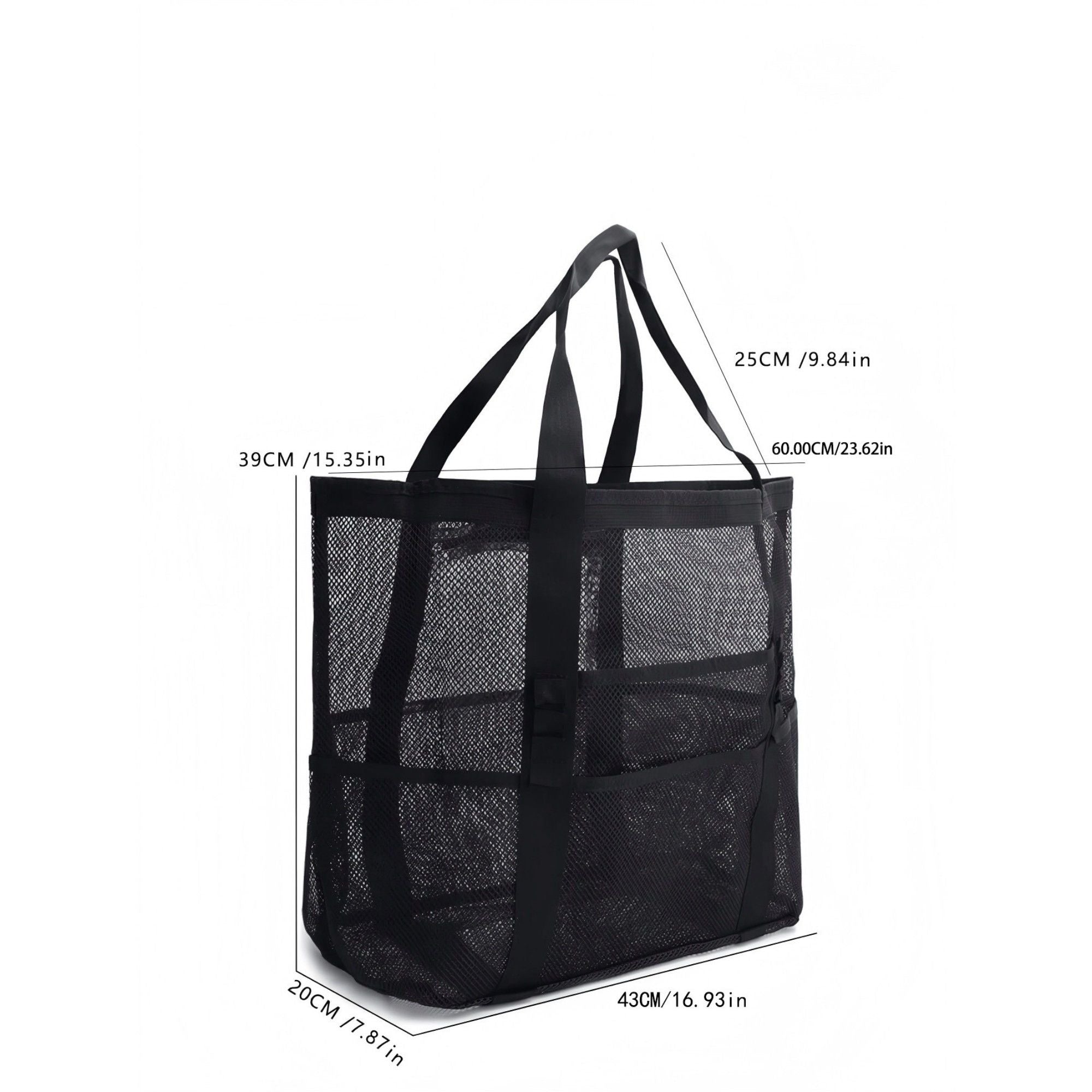 Mesh Beach Tote Bag Large Capacity Travel Shoulder Bag with Exterior Pockets Zipper Top Organizer