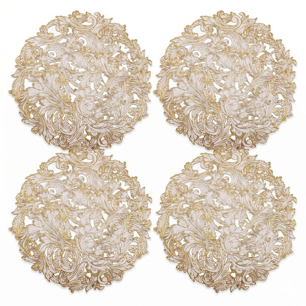 4 Piece Round Lace Placemat Set Metallic PVC Decorative Heat Resistant Table Mats