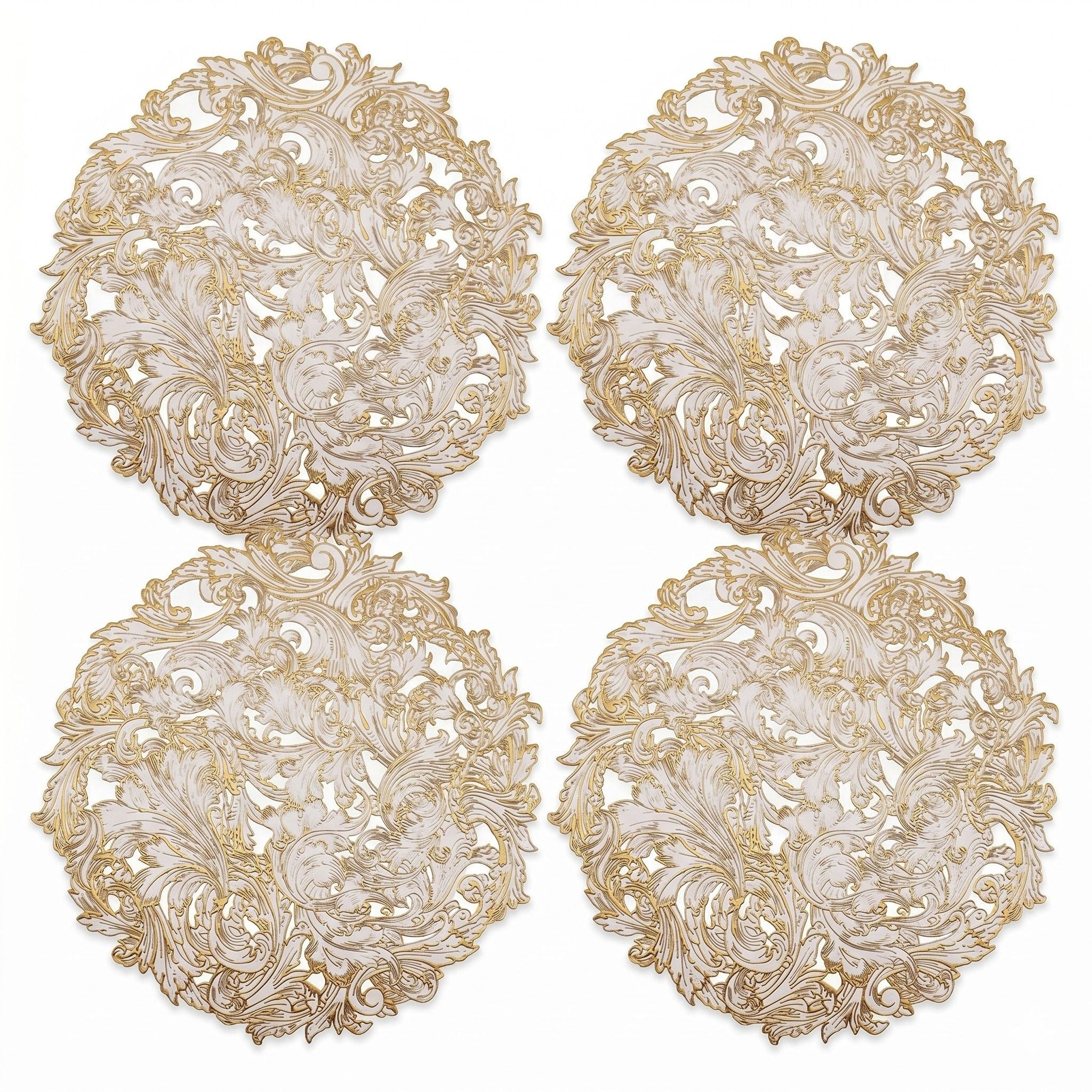4 Piece Round Lace Placemat Set Metallic PVC Decorative Heat Resistant Table Mats