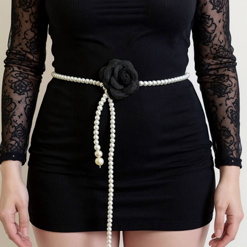 Anna-Kaci Women's Faux Pearl Beaded Belt with Fabric Rose Accent and Drop Strand Detail 49in
