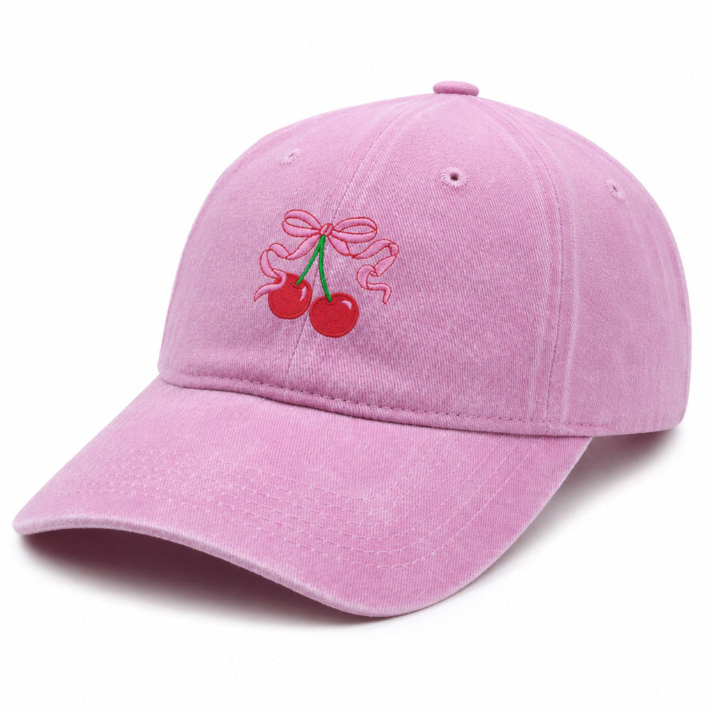 Washed Cotton Baseball Cap Cherry Bow Embroidered Adjustable Dad Hat