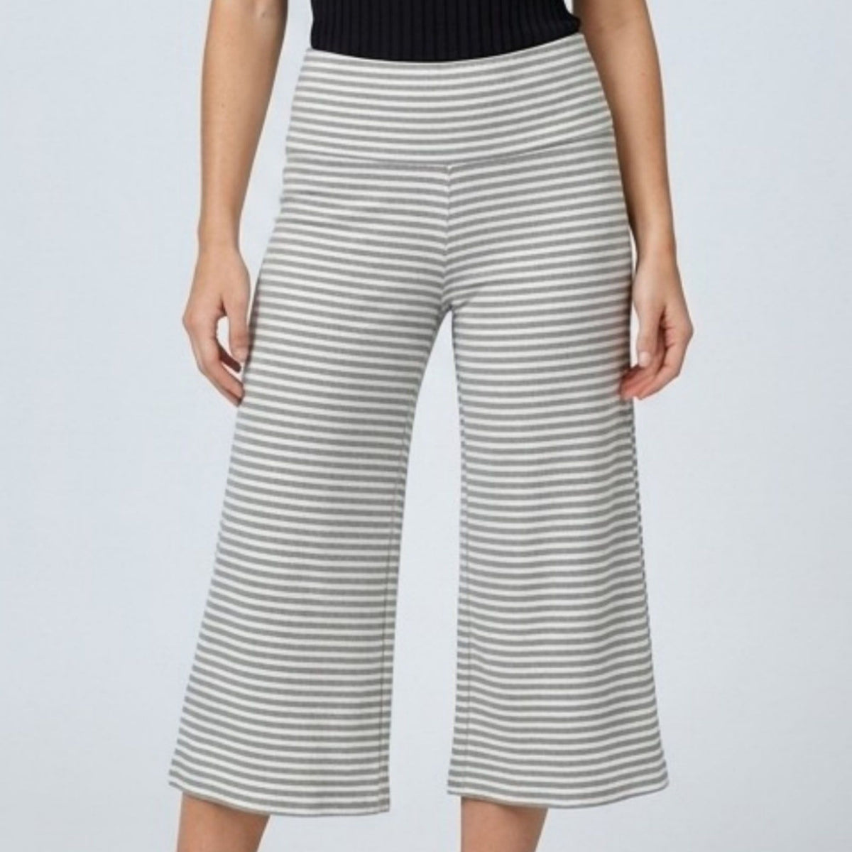 Foldover Waistband Striped Cropped Wide-Leg Trousers