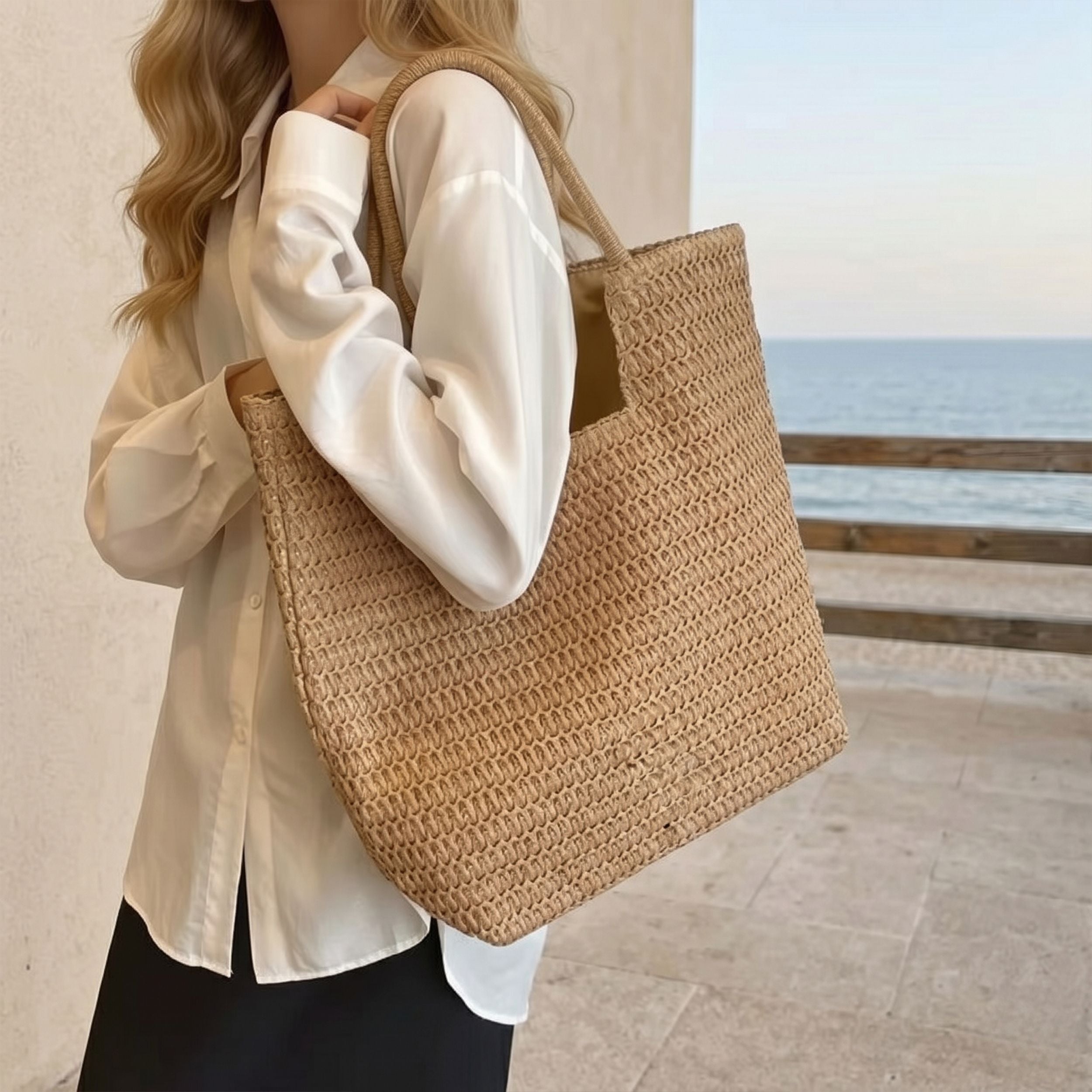 Woven Straw Tote Bag with Shoulder Straps Lightweight Crochet Knit Everyday Carry Tote Bag
