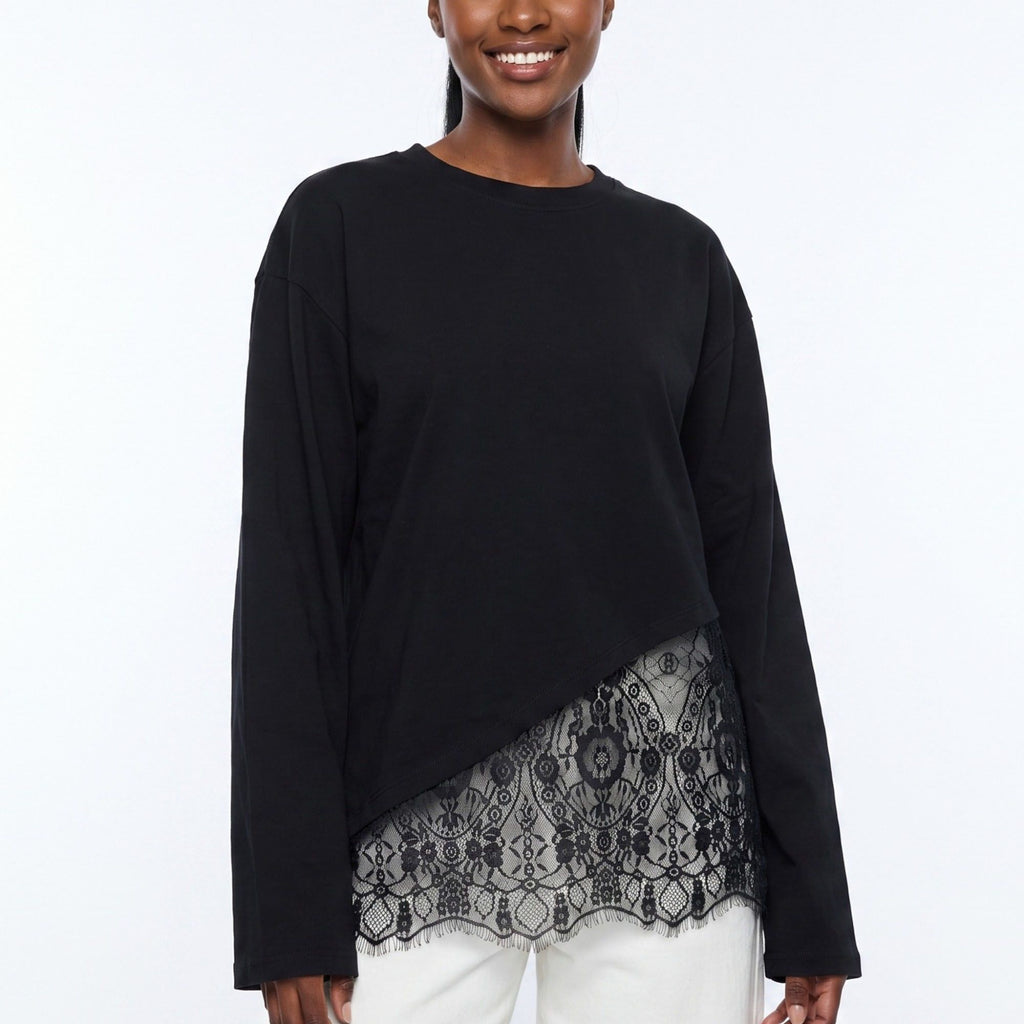 Asymmetrical Lace Hem Long Sleeve Top