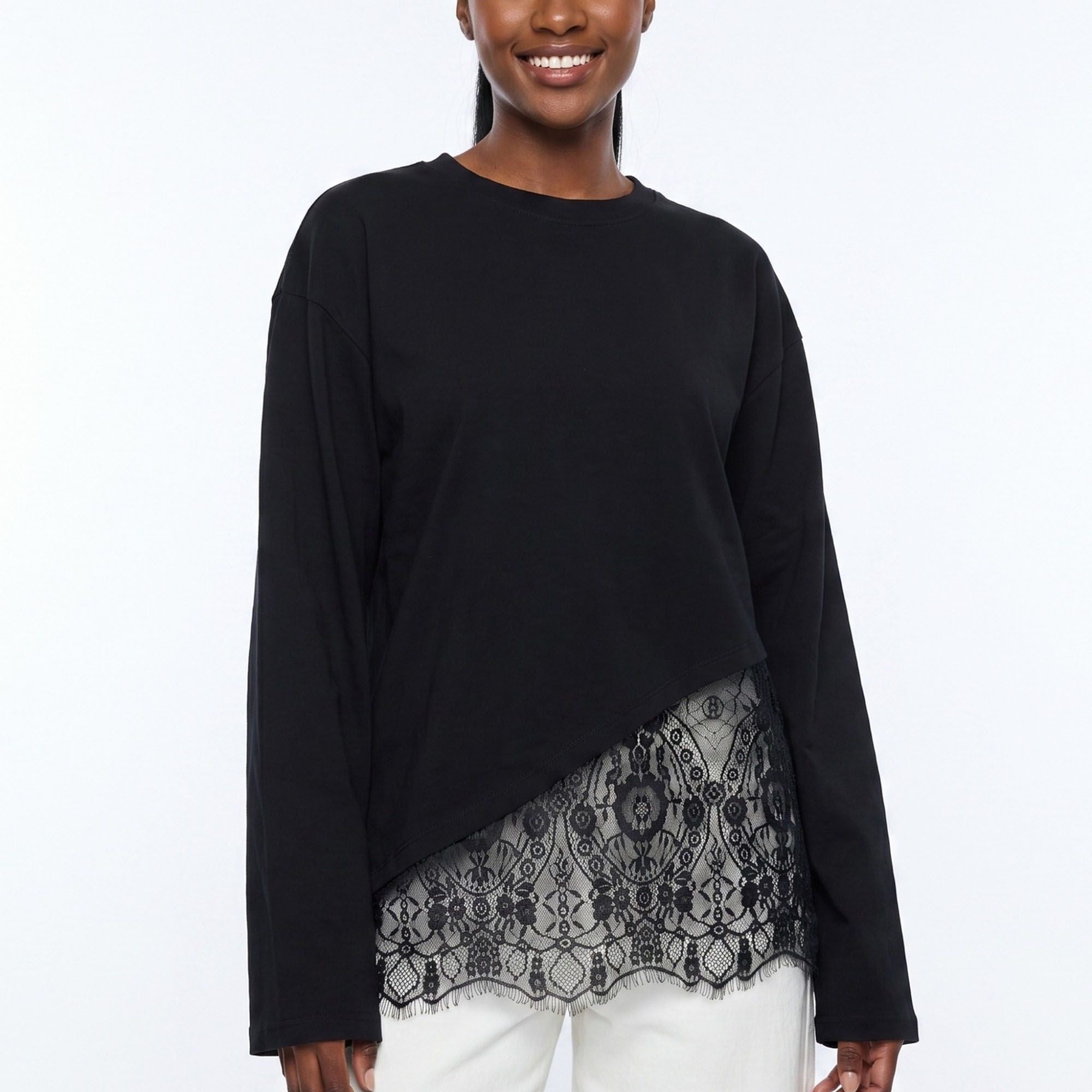 Asymmetrical Lace Hem Long Sleeve Top